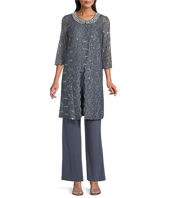 R & M Richards 3/4 Sleeve Sequin And Pearl Embellished Crew Neck Lace 3-Piece Pant Set