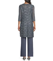 R & M Richards 3/4 Sleeve Sequin And Pearl Embellished Crew Neck Lace 3-Piece Pant Set