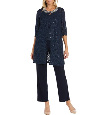 R & M Richards 3/4 Sleeve Sequin And Pearl Embellished Crew Neck Lace 3-Piece Pant Set