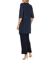 R & M Richards 3/4 Sleeve Sequin And Pearl Embellished Crew Neck Lace 3-Piece Pant Set