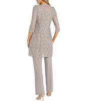 R & M Richards 3/4 Sleeve Sequin And Pearl Embellished Crew Neck Lace 3-Piece Pant Set