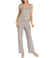 R & M Richards 3/4 Sleeve Sequin And Pearl Embellished Crew Neck Lace 3-Piece Pant Set