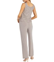 R & M Richards 3/4 Sleeve Sequin And Pearl Embellished Crew Neck Lace 3-Piece Pant Set