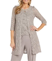 R & M Richards 3/4 Sleeve Sequin And Pearl Embellished Crew Neck Lace 3-Piece Pant Set