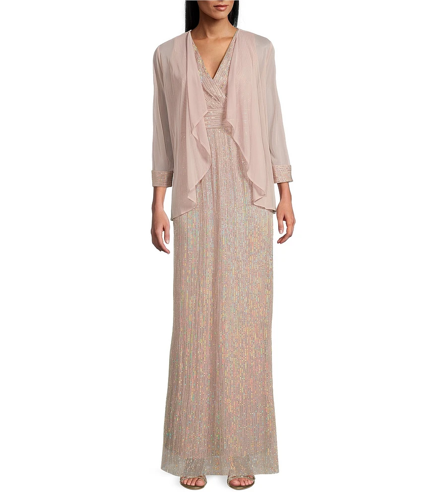 R & M Richards 3/4 Sleeve Surplice V-Neck Matte Jersey Chiffon 2-Piece Jacket Dress