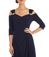 R & M Richards 3/4 Sleeve Sweetheart Neck Cold Shoulder Side Slit Dress