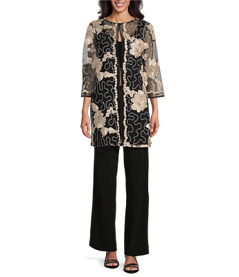 R & M Richards 3/4 Sleeve V-Neck Embroidered Soutache Sequin Jacket 3-Piece Pant Set