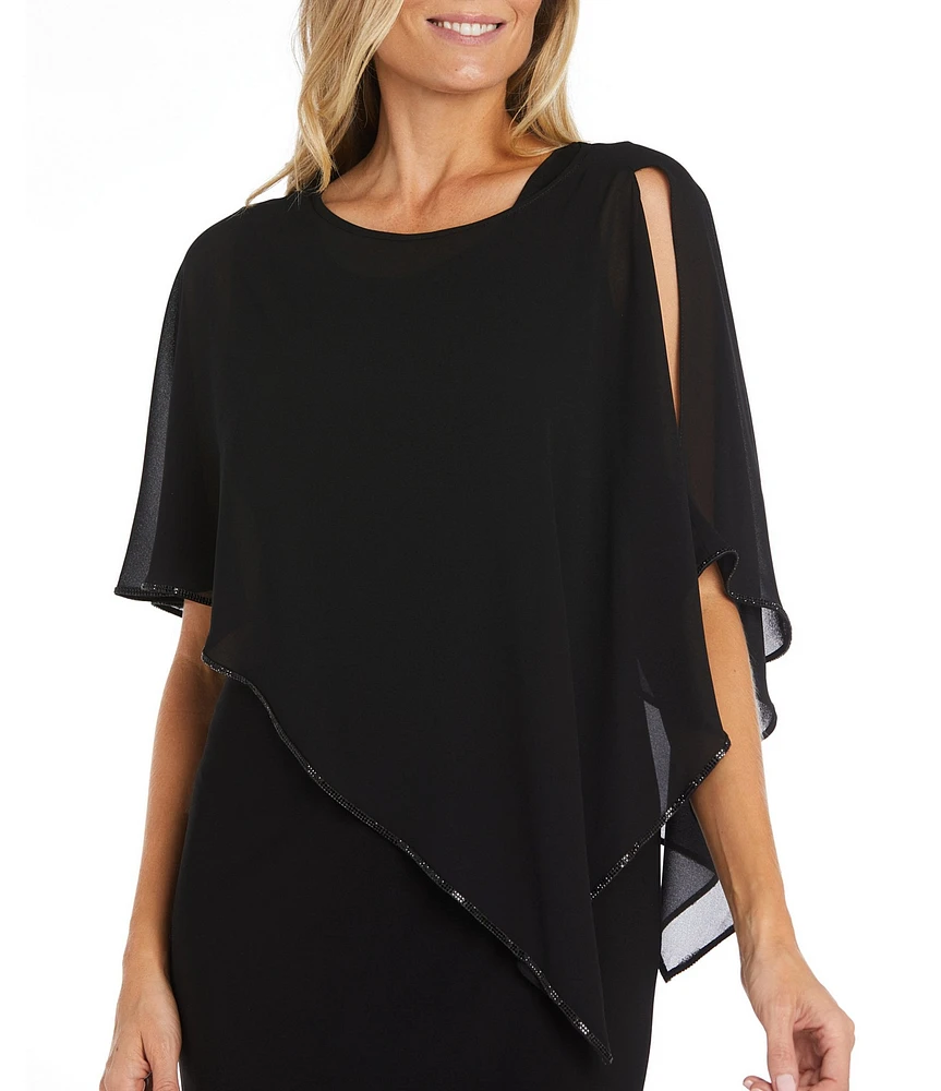 R & M Richards 3/4 Split Sleeve Crew Neck Rhinestone Trim Chiffon Poncho
