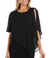 R & M Richards 3/4 Split Sleeve Crew Neck Rhinestone Trim Chiffon Poncho