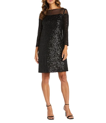 R & M Richards Allover Sequin Illusion Neck Sheath Dress