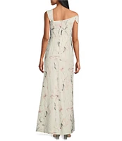 R & M Richards Asymmetrical Neck Sleeveless Floral Print Foil Jacquard Sheath Dress
