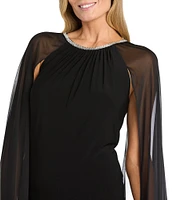 R & M Richards Beaded Crew Neck Sleeveless Cape Sheath Dress