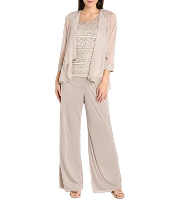 R & M Richards Beaded Scoop Neck 3/4 Illusion Sleeve Glitter Lace 3 Piece Pant Set
