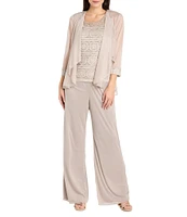 R & M Richards Beaded Scoop Neck 3/4 Illusion Sleeve Glitter Lace 3 Piece Pant Set