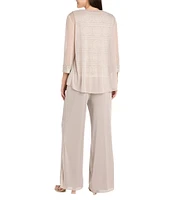 R & M Richards Beaded Scoop Neck 3/4 Illusion Sleeve Glitter Lace 3 Piece Pant Set