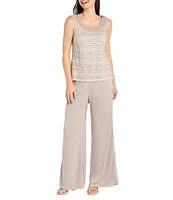 R & M Richards Beaded Scoop Neck 3/4 Illusion Sleeve Glitter Lace 3 Piece Pant Set