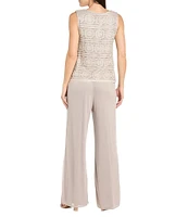 R & M Richards Beaded Scoop Neck 3/4 Illusion Sleeve Glitter Lace 3 Piece Pant Set