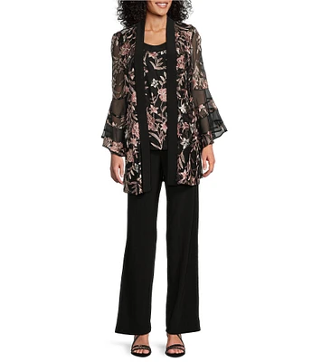 R & M Richards Bell Sleeve Scoop Neck Embroidered Mesh 3-Piece Duster Pant Set