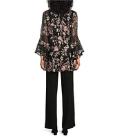 R & M Richards Bell Sleeve Scoop Neck Embroidered Mesh 3-Piece Duster Pant Set