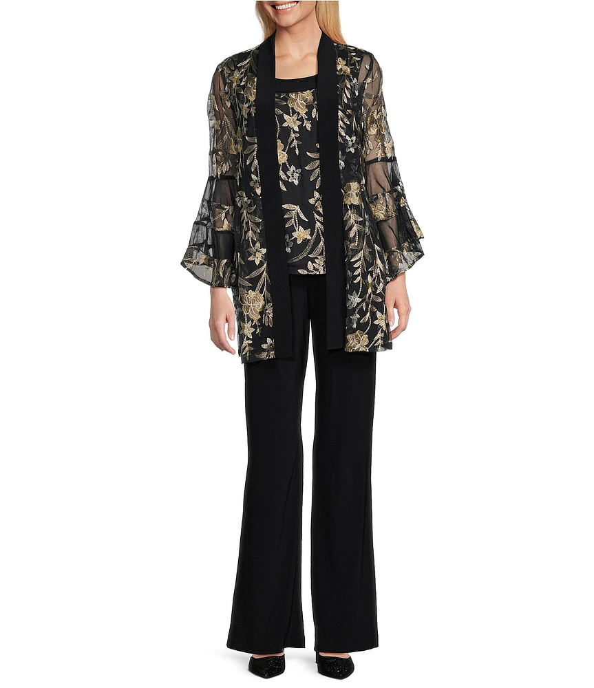 R & M Richards Bell Sleeve Scoop Neck Embroidered Mesh 3-Piece Duster Pant Set