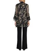 R & M Richards Bell Sleeve Scoop Neck Embroidered Mesh 3-Piece Duster Pant Set