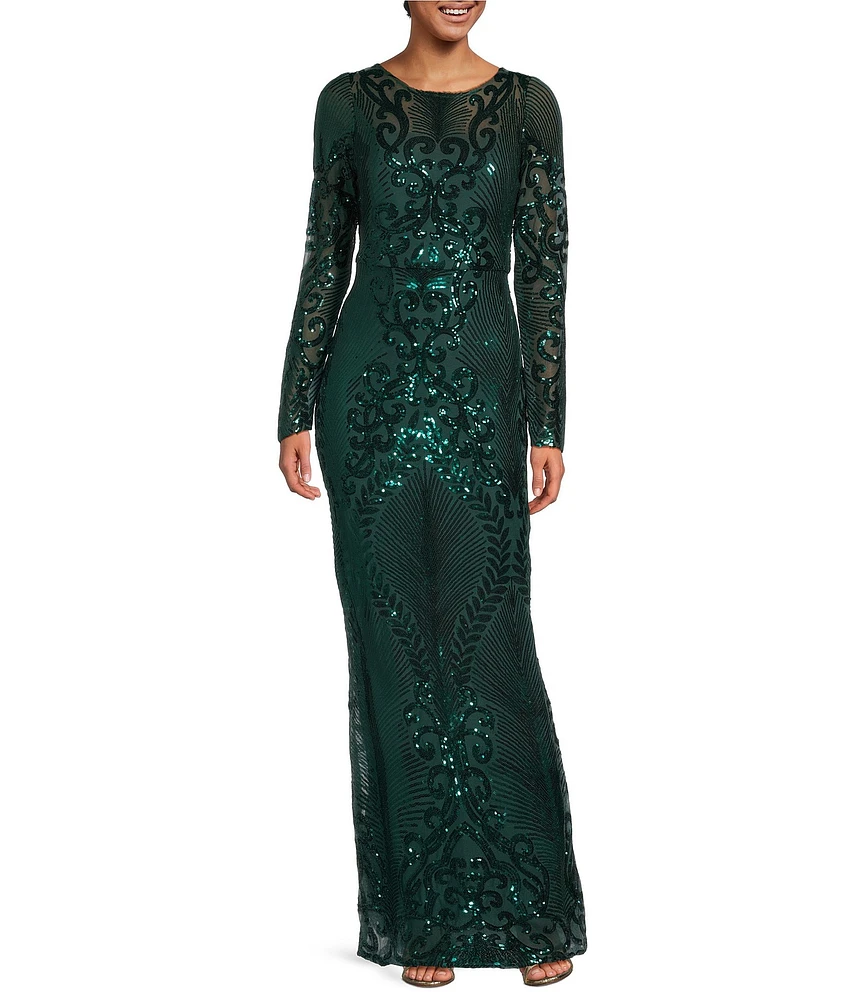 R & M Richards Boat Neck Long Sleeve Sequin Sheath Dress