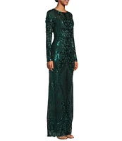 R & M Richards Boat Neck Long Sleeve Sequin Sheath Dress