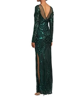 R & M Richards Boat Neck Long Sleeve Sequin Sheath Dress