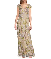 R & M Richards Cap Sleeve V-Neck Floral Embroidered Mesh Gown