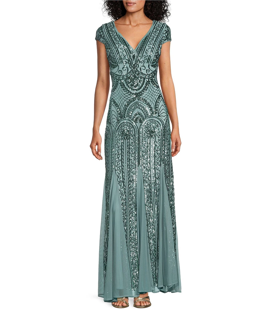 R & M Richards Cap Sleeve V-Neck Godet Insets Embroidered Sequin Dress