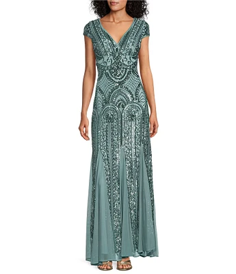 R & M Richards Cap Sleeve V-Neck Godet Insets Embroidered Sequin Dress
