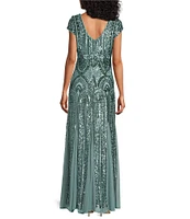 R & M Richards Cap Sleeve V-Neck Godet Insets Embroidered Sequin Dress