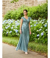 R & M Richards Cap Sleeve V-Neck Godet Insets Embroidered Sequin Dress