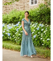 R & M Richards Cap Sleeve V-Neck Godet Insets Embroidered Sequin Dress