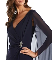 R & M Richards Chiffon V-Neck Sleeveless Duster Cape Sheath Dress
