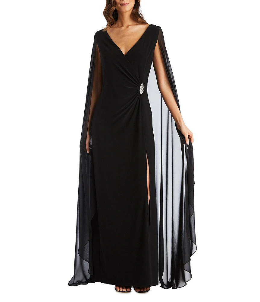 R & M Richards Chiffon V-Neck Sleeveless Duster Cape Sheath Dress