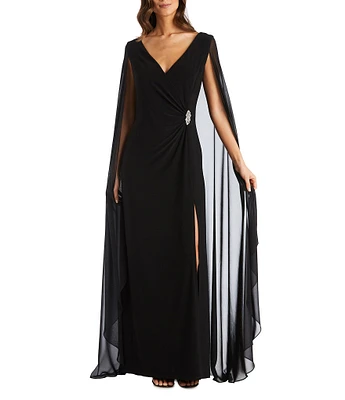 R & M Richards Chiffon V-Neck Sleeveless Duster Cape Sheath Dress