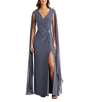 R & M Richards Chiffon V-Neck Sleeveless Duster Cape Sheath Dress