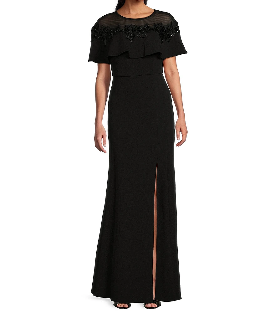 R & M Richards Crew Illusion Neckline Short Sleeve Beaded Applique Sheath Gown