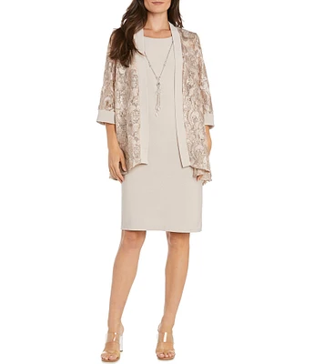 R & M Richards Crew Neck 3/4 Sleeve Embroidered Sequin 2-Piece Jacket Dress