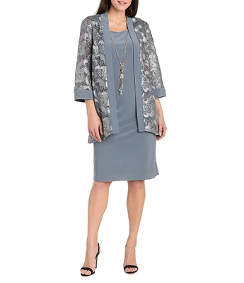 R & M Richards Crew Neck 3/4 Sleeve Embroidered Mesh Sequin 2-Piece Jacket Dress