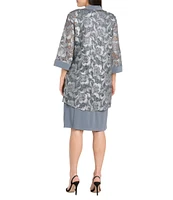 R & M Richards Crew Neck 3/4 Sleeve Embroidered Mesh Sequin 2-Piece Jacket Dress