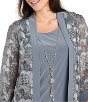R & M Richards Crew Neck 3/4 Sleeve Embroidered Mesh Sequin 2-Piece Jacket Dress