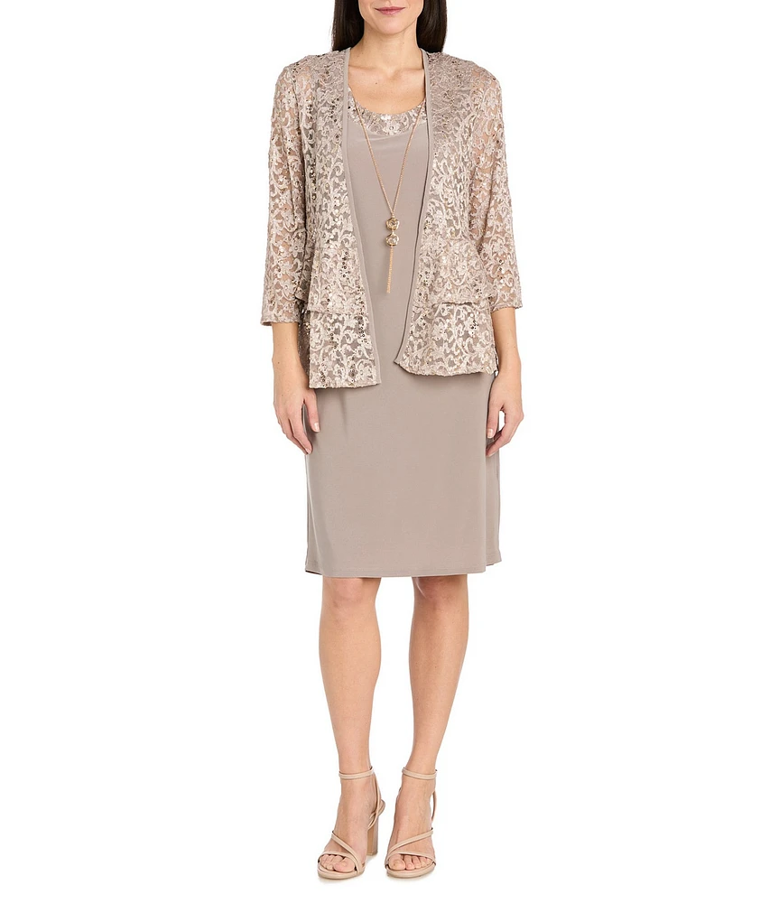 R & M Richards Crew Neck 3/4 Sleeve Embroidered Sequin 2-Piece Jacket Dress