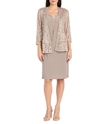 R & M Richards Crew Neck 3/4 Sleeve Embroidered Sequin 2-Piece Jacket Dress