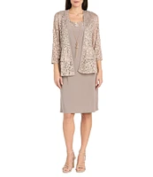 R & M Richards Crew Neck 3/4 Sleeve Embroidered Sequin 2-Piece Jacket Dress