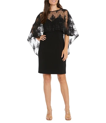 R & M Richards Crew Neck 3/4 Sleeve Embroidered Mesh Cape Overlay Dress