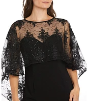 R & M Richards Crew Neck 3/4 Sleeve Embroidered Mesh Cape Overlay Dress