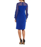 R & M Richards Crew Neck Mesh Sleeve Ruffle Detail Knee Length Dress