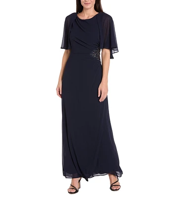 R & M Richards Crew Neck Short Flutter Sleeve Beaded Waist Flower Detail Sheath Dress
